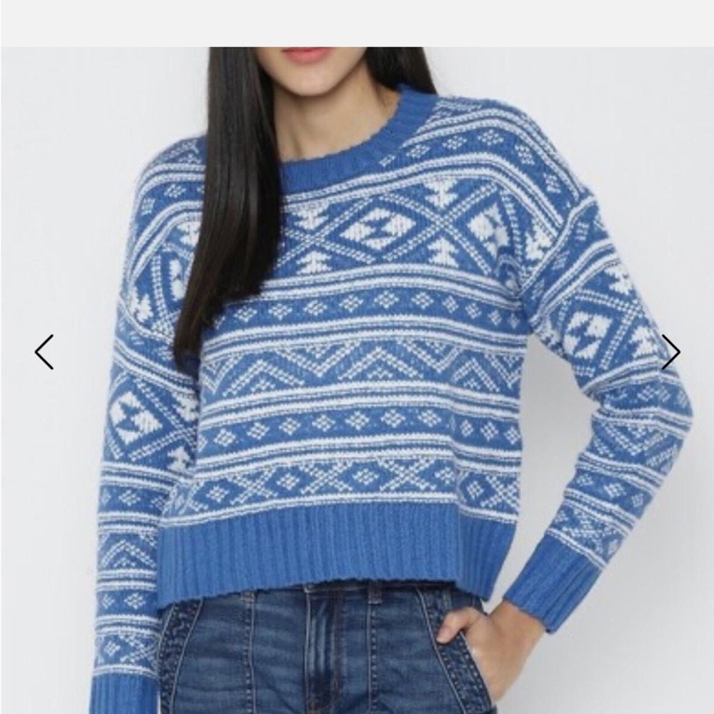 American Eagle Sweater Womens XS Blue Fair Isle Cropped Knit Pullover Boho EUC